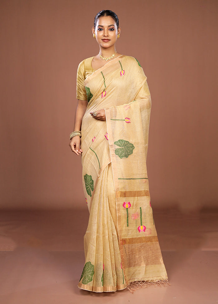 Cream Linen Silk Saree With Blouse Piece