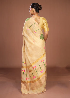 Cream Linen Silk Saree With Blouse Piece