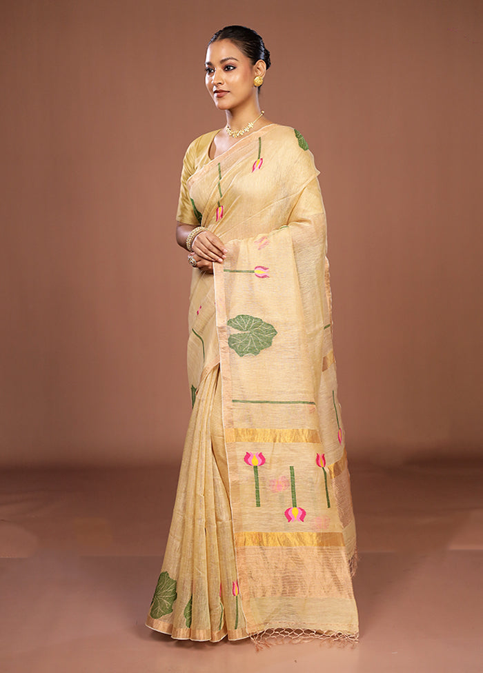 Cream Linen Silk Saree With Blouse Piece