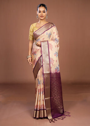 Cream Kanjivaram Silk Saree With Blouse Piece