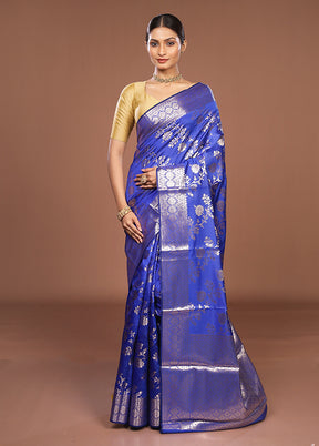 Blue Dupion Silk Saree With Blouse Piece