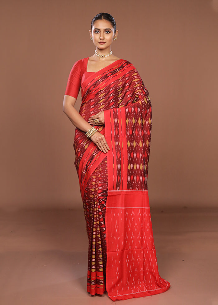 Red Ikkat Silk Saree With Blouse Piece