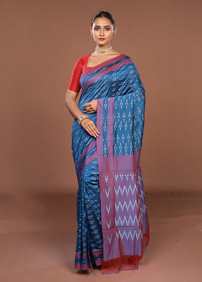 Blue Ikkat Silk Saree With Blouse Piece