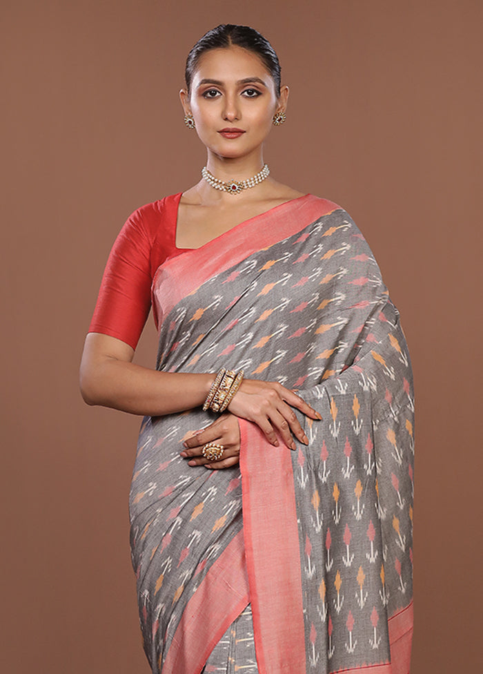 Grey Ikkat Silk Saree With Blouse Piece