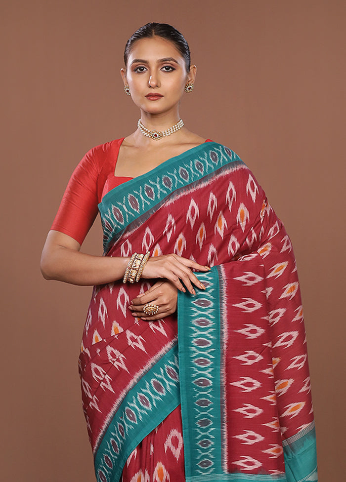 Maroon Ikkat Silk Saree With Blouse Piece