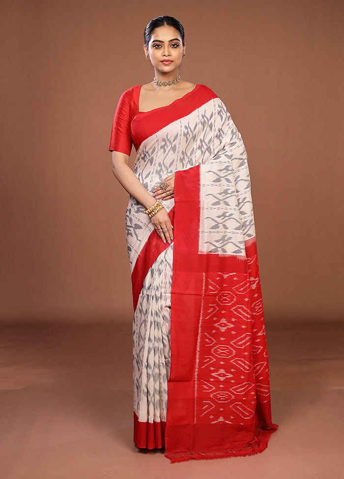 White Ikkat Silk Saree With Blouse Piece