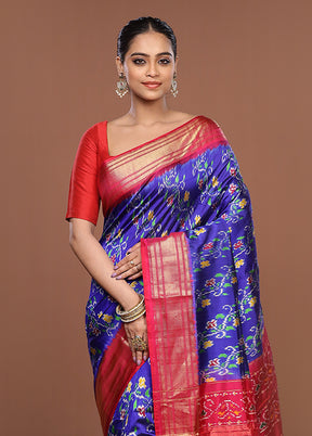 Blue Handloom Ikkat Pure Silk Saree With Blouse Piece