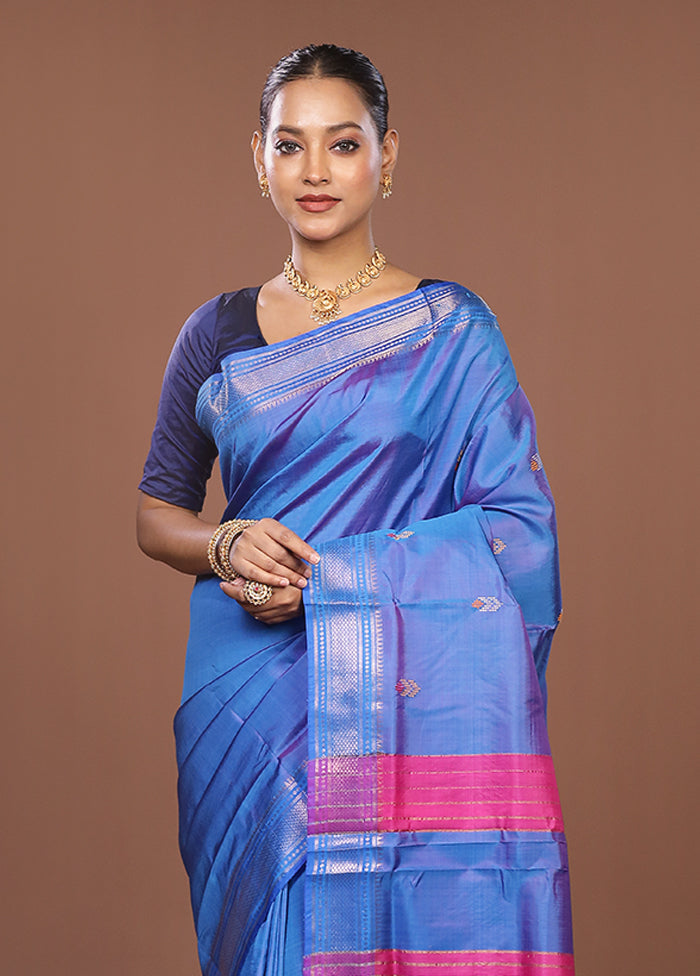 Blue Handloom Kanjivaram Pure Silk Saree With Blouse Piece