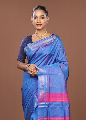 Blue Handloom Kanjivaram Pure Silk Saree With Blouse Piece