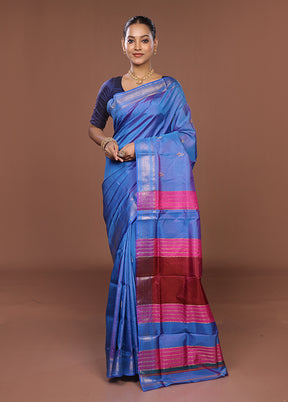 Blue Handloom Kanjivaram Pure Silk Saree With Blouse Piece