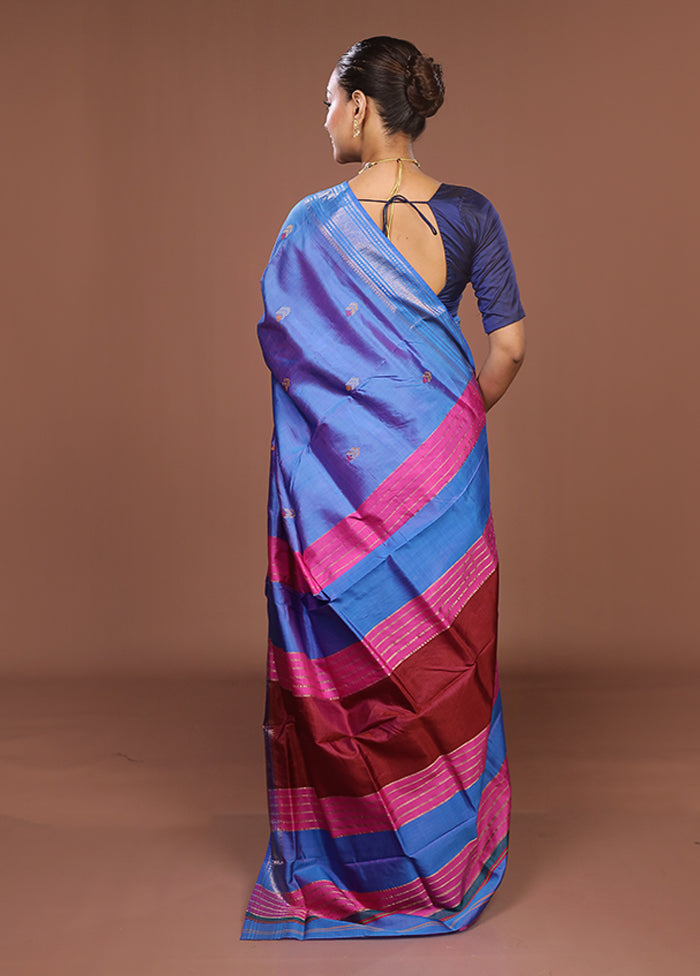 Blue Handloom Kanjivaram Pure Silk Saree With Blouse Piece