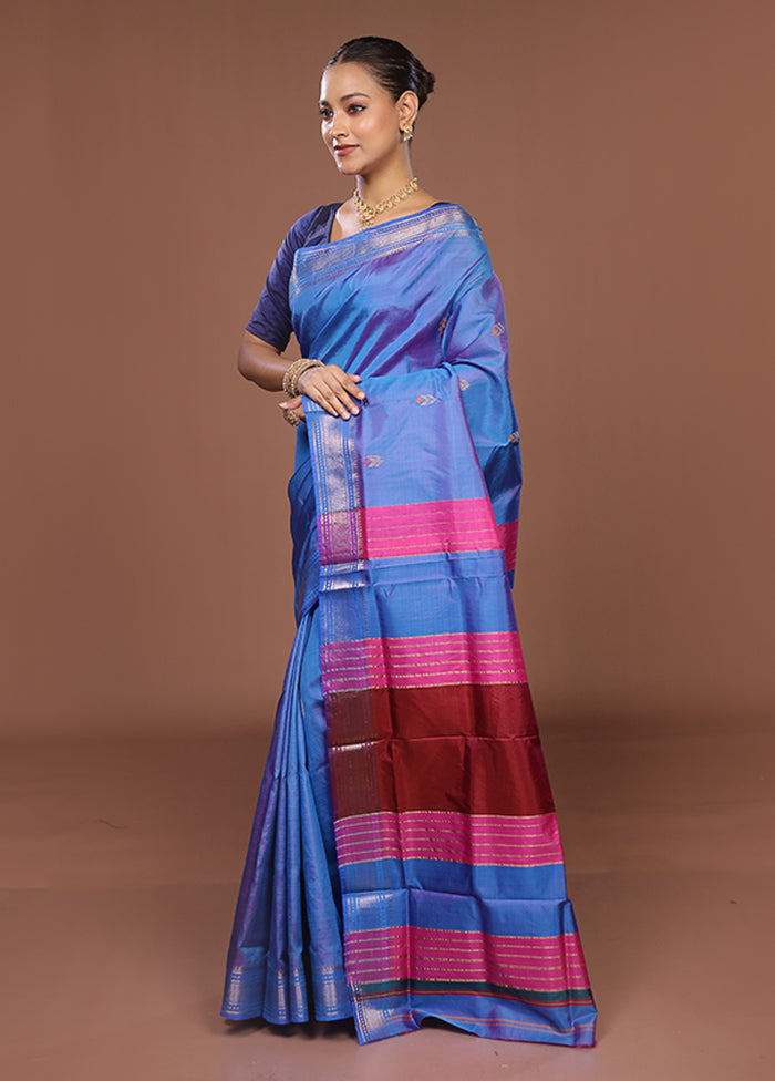 Blue Handloom Kanjivaram Pure Silk Saree With Blouse Piece
