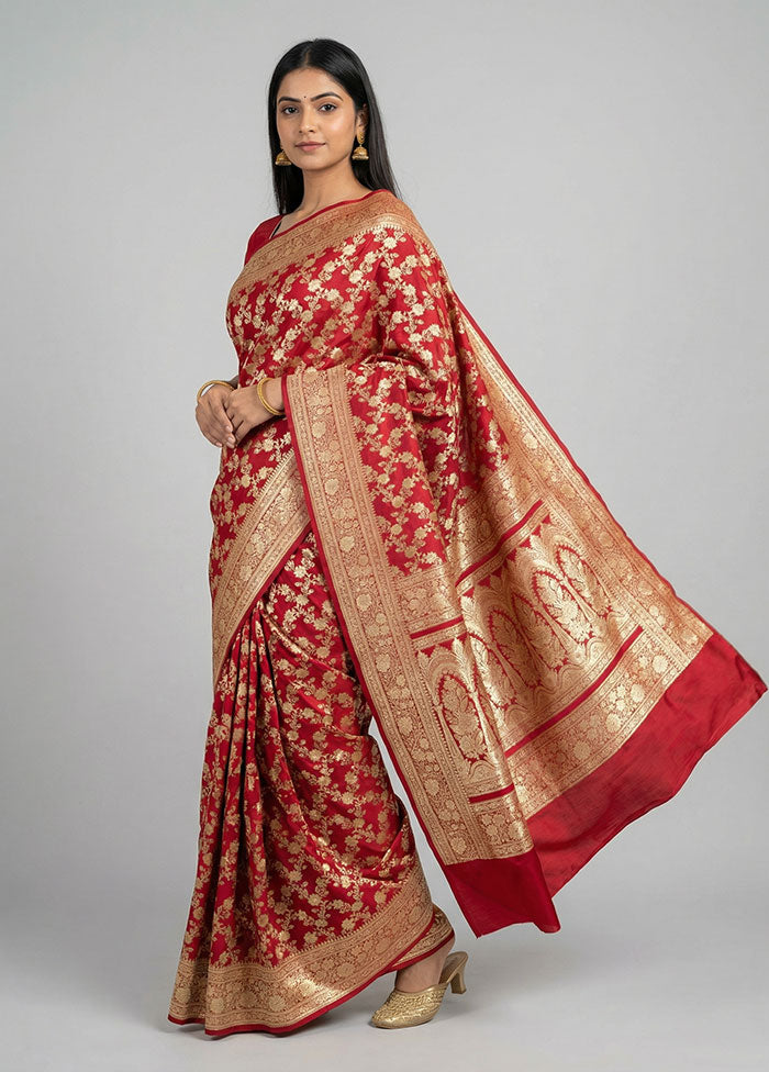 Red Handloom Banarasi Pure Silk Saree With Blouse Piece