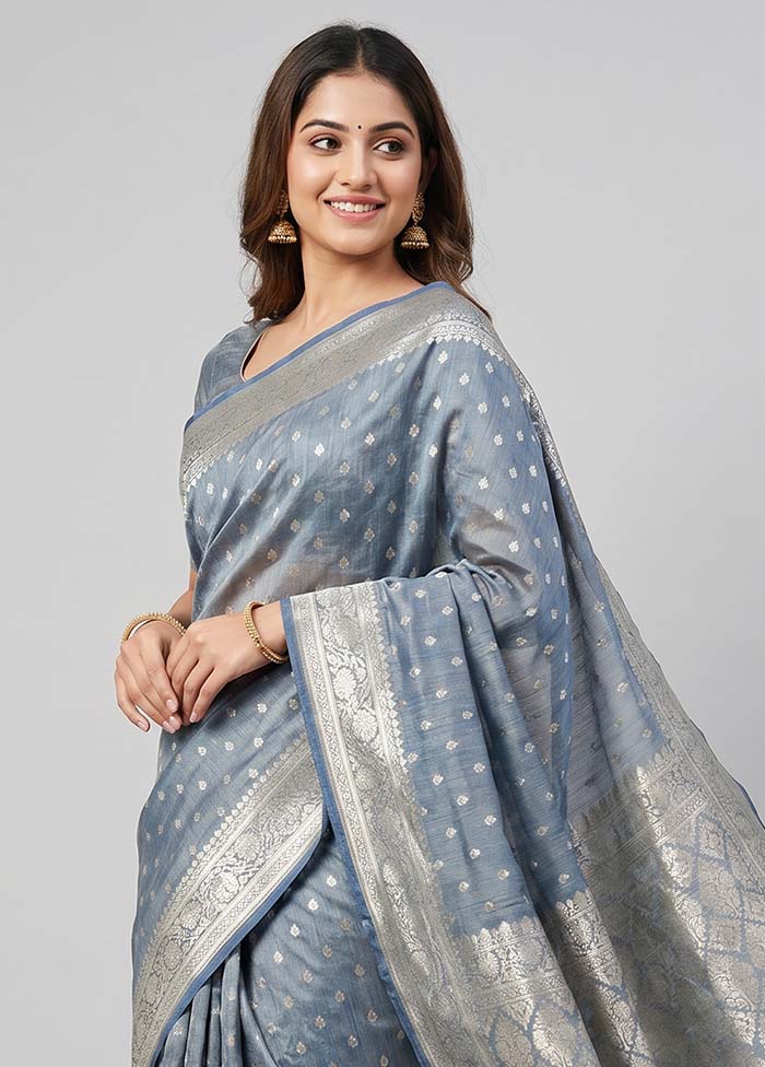 Blue Tussar Silk Saree With Blouse Piece