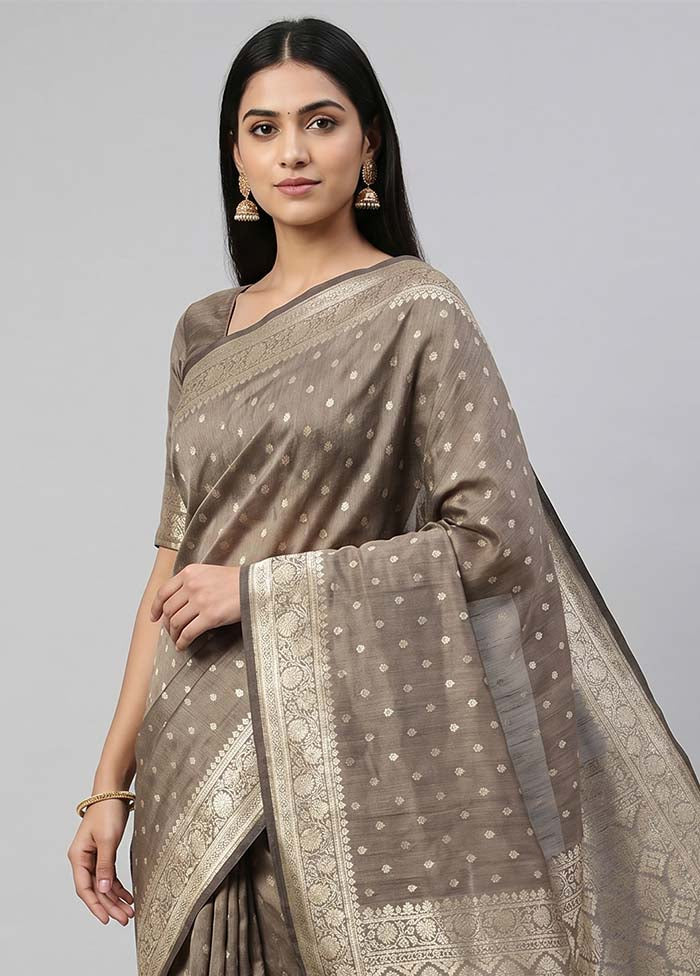 Grey Tussar Silk Saree With Blouse Piece