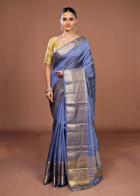 Blue Dupion Silk Saree With Blouse Piece
