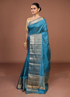 Blue Dupion Silk Saree With Blouse Piece