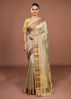 Cream Dupion Silk Saree With Blouse Piece