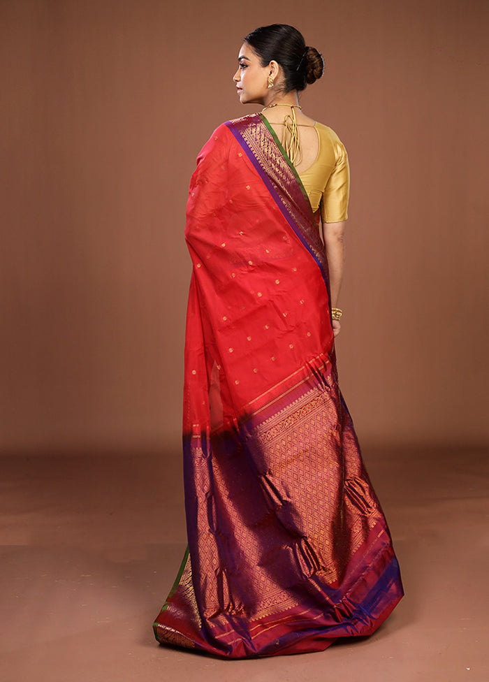 Red Gadwal Pure Silk Saree Without Blouse Piece