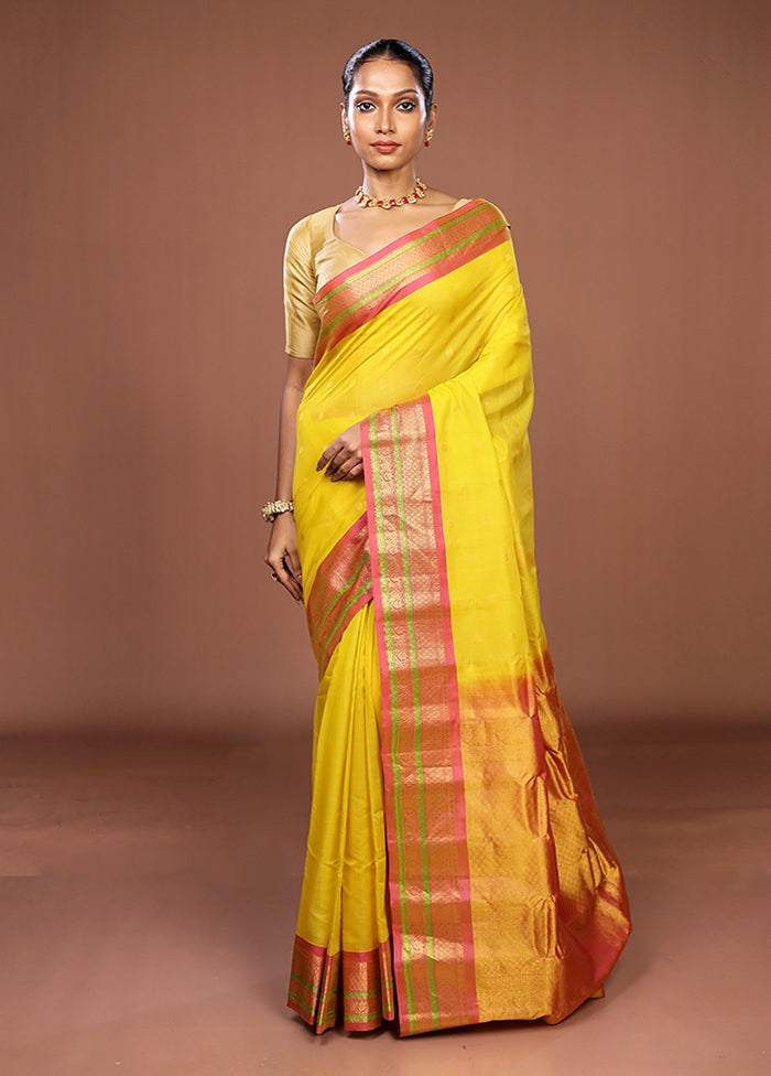 Yellow Gadwal Pure Silk Saree Without Blouse Piece