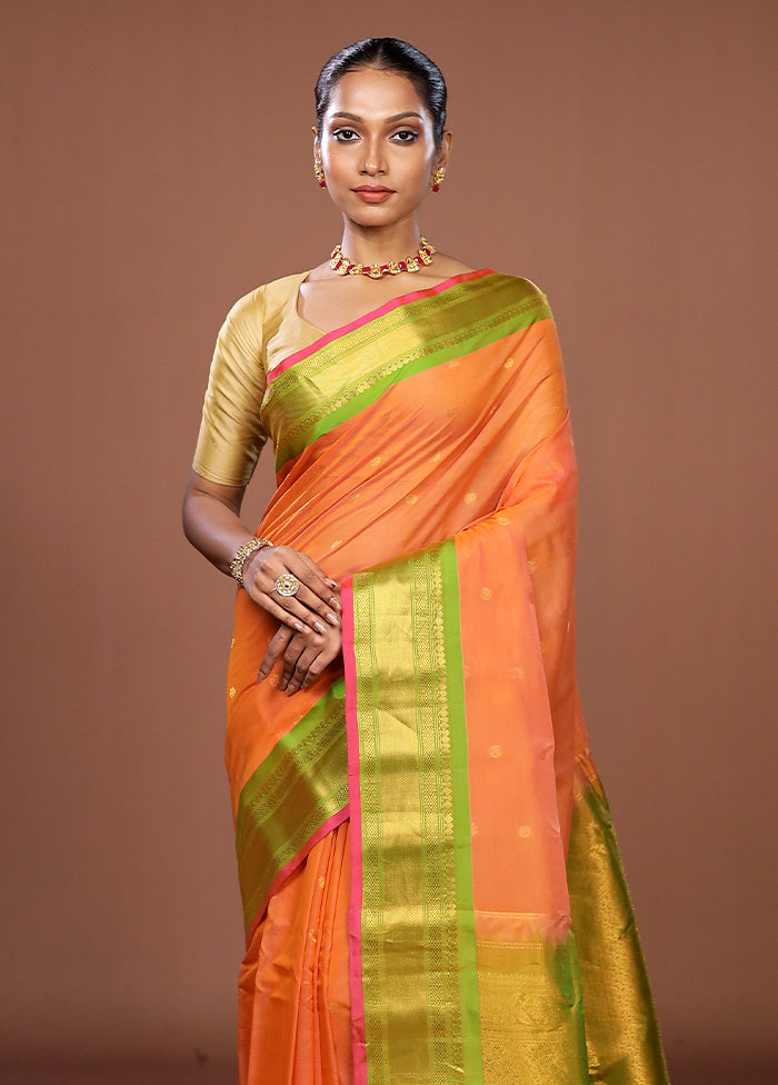 Orange Gadwal Pure Silk Saree Without Blouse Piece