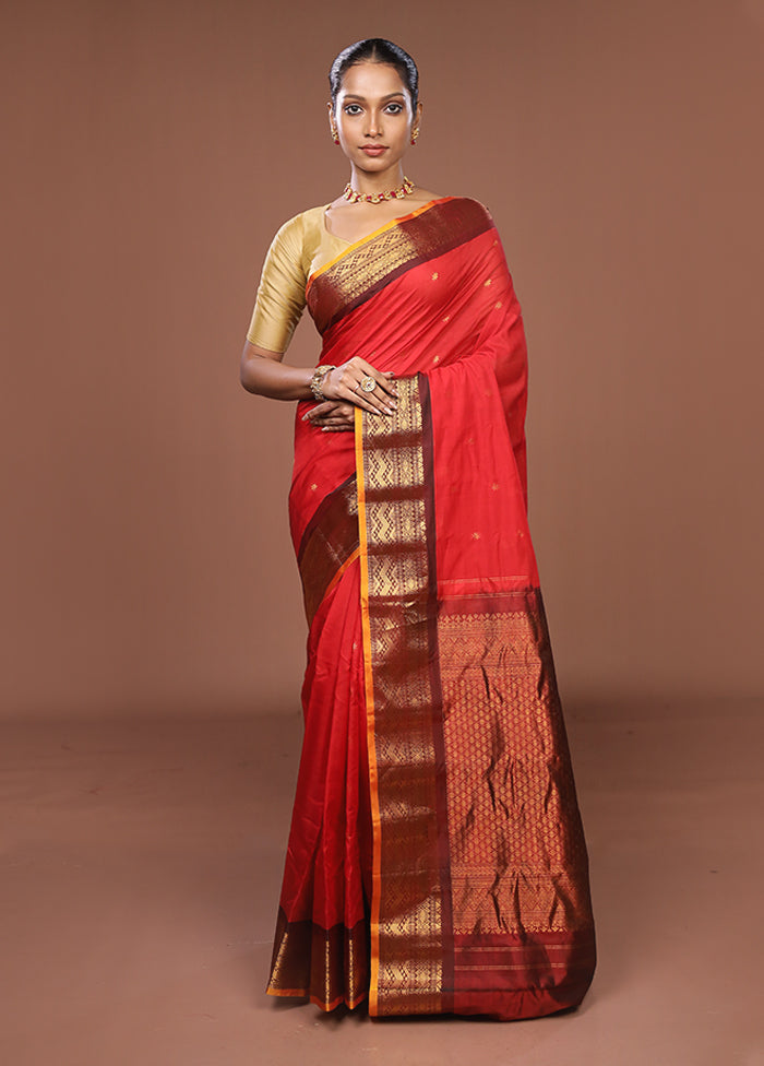 Red Gadwal Pure Silk Saree Without Blouse Piece