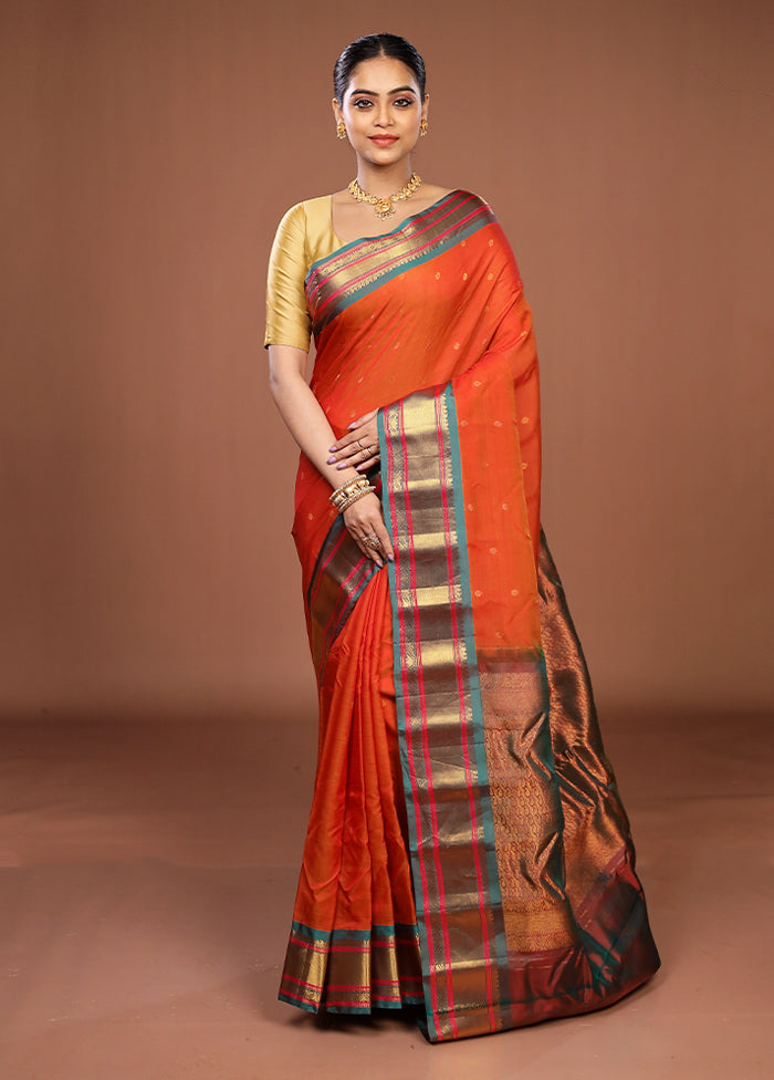 Orange Gadwal Pure Silk Saree Without Blouse Piece