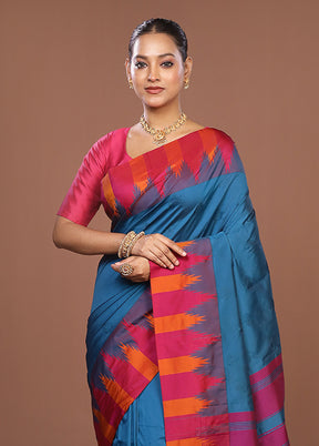 Blue Kanjivaram Silk Saree With Blouse Piece