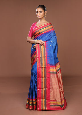 Blue Kanjivaram Silk Saree With Blouse Piece