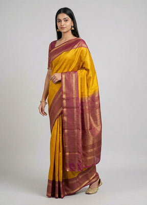 Yellow Handloom Kanjivaram Pure Silk Saree With Blouse Piece