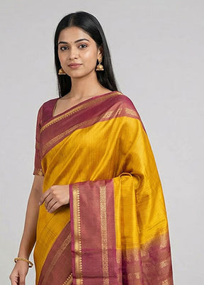 Yellow Handloom Kanjivaram Pure Silk Saree With Blouse Piece