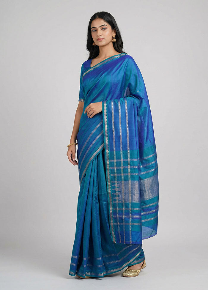 Blue Handloom Kanjivaram Pure Silk Saree With Blouse Piece