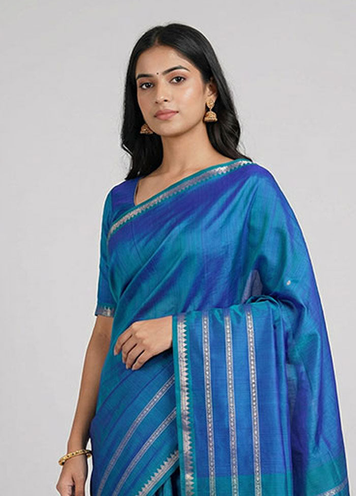 Blue Handloom Kanjivaram Pure Silk Saree With Blouse Piece