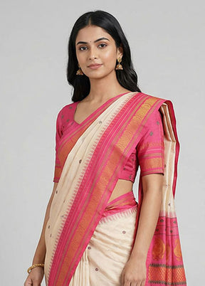 Cream Kanjivaram Silk Saree With Blouse Piece
