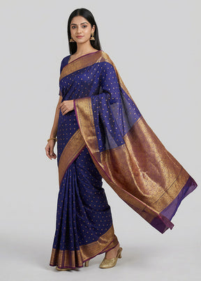 Blue Handloom Kanjivaram Pure Silk Saree With Blouse Piece