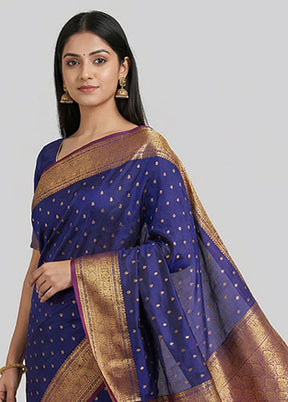 Blue Handloom Kanjivaram Pure Silk Saree With Blouse Piece