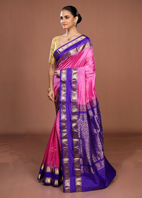 Pink Handloom Kanjivaram Pure Silk Saree With Blouse Piece