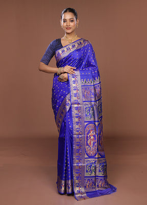 Blue Handloom Baluchari Pure Silk Saree With Blouse Piece