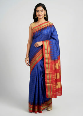 Blue Handloom Kanjivaram Pure Silk Saree With Blouse Piece
