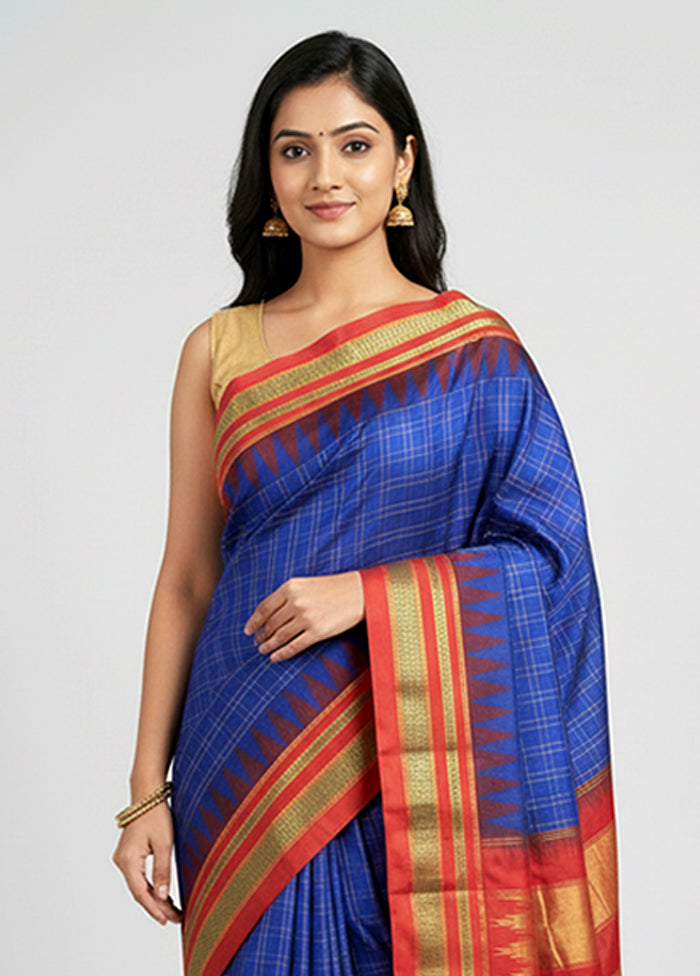 Blue Handloom Kanjivaram Pure Silk Saree With Blouse Piece