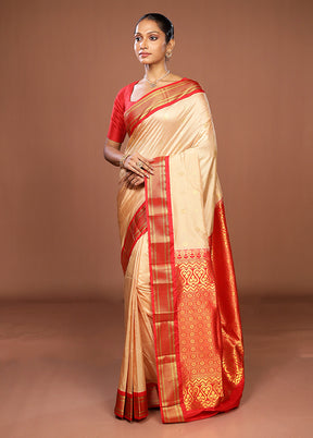 Cream Handloom Kanjivaram Pure Silk Saree With Blouse Piece