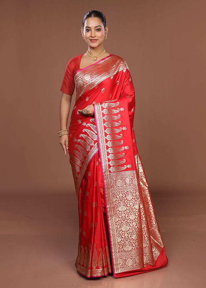 Red Banarasi Silk Saree With Blouse Piece
