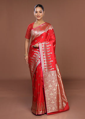 Red Banarasi Silk Saree With Blouse Piece