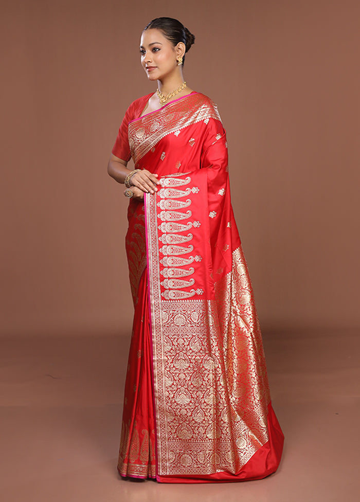 Red Banarasi Silk Saree With Blouse Piece