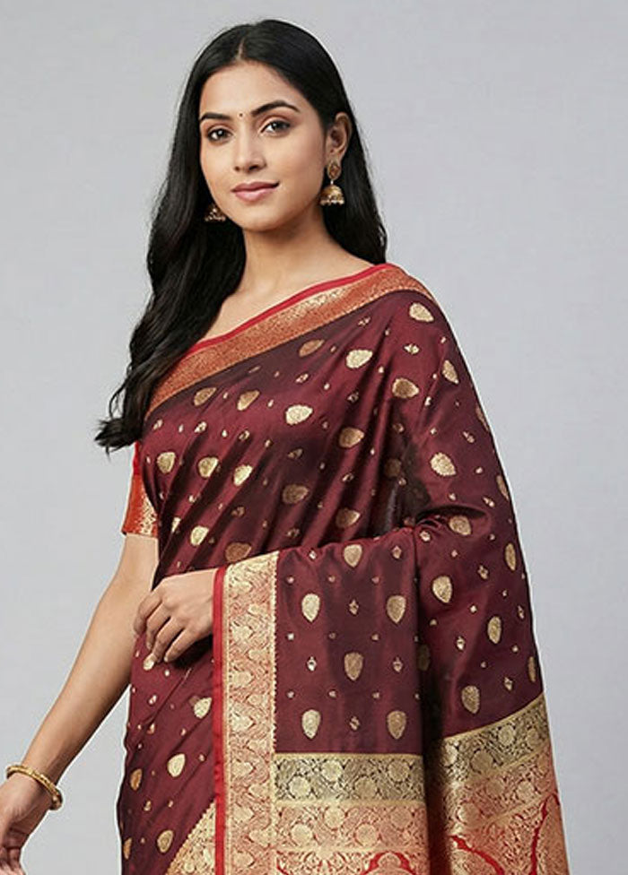 Maroon Banarasi Silk Saree With Blouse Piece