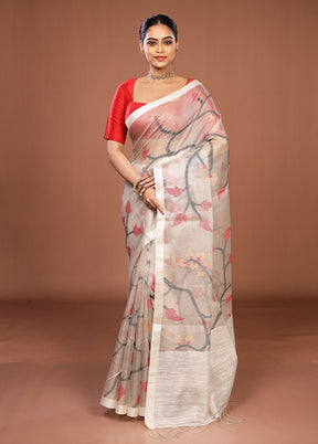 Grey Handloom Matka Pure Silk Saree With Blouse Piece