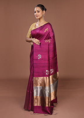 Purple Handloom Matka Pure Silk Saree With Blouse Piece