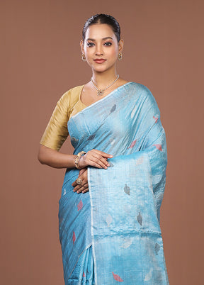 Blue Handloom Tussar Pure Silk Saree With Blouse Piece