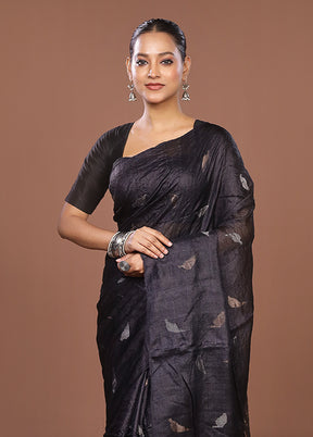 Black Handloom Tussar Pure Silk Saree With Blouse Piece