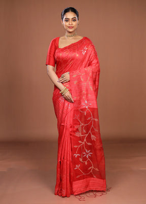 Red Handloom Matka Pure Silk Saree With Blouse Piece
